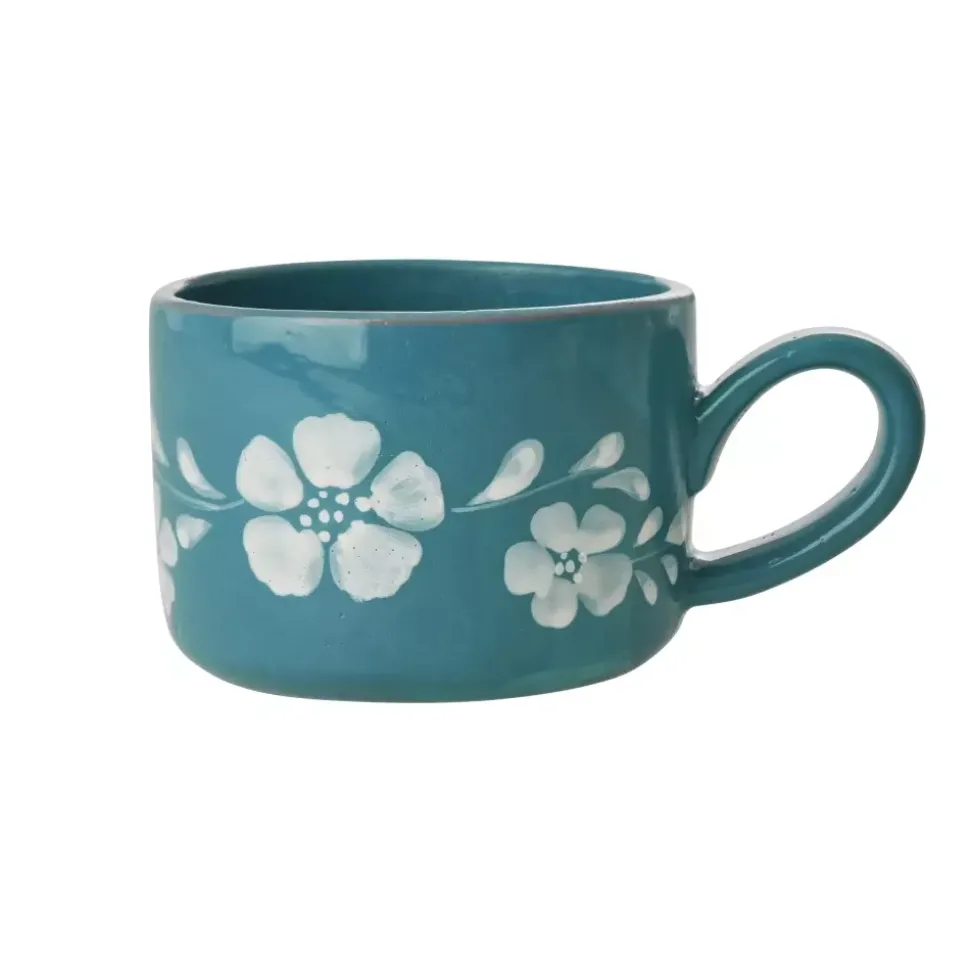 Håndmalt Cappuccinokopp Hvite Blomster
