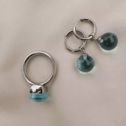 Hoops Med Glasskule Aqua Sølv 13mm