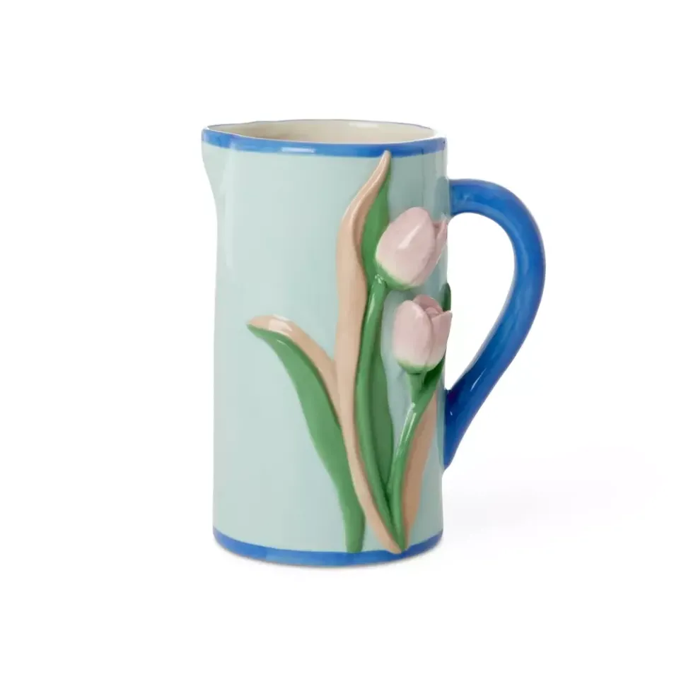 Keramisk Vase I Mint Med Preget Tulipaner