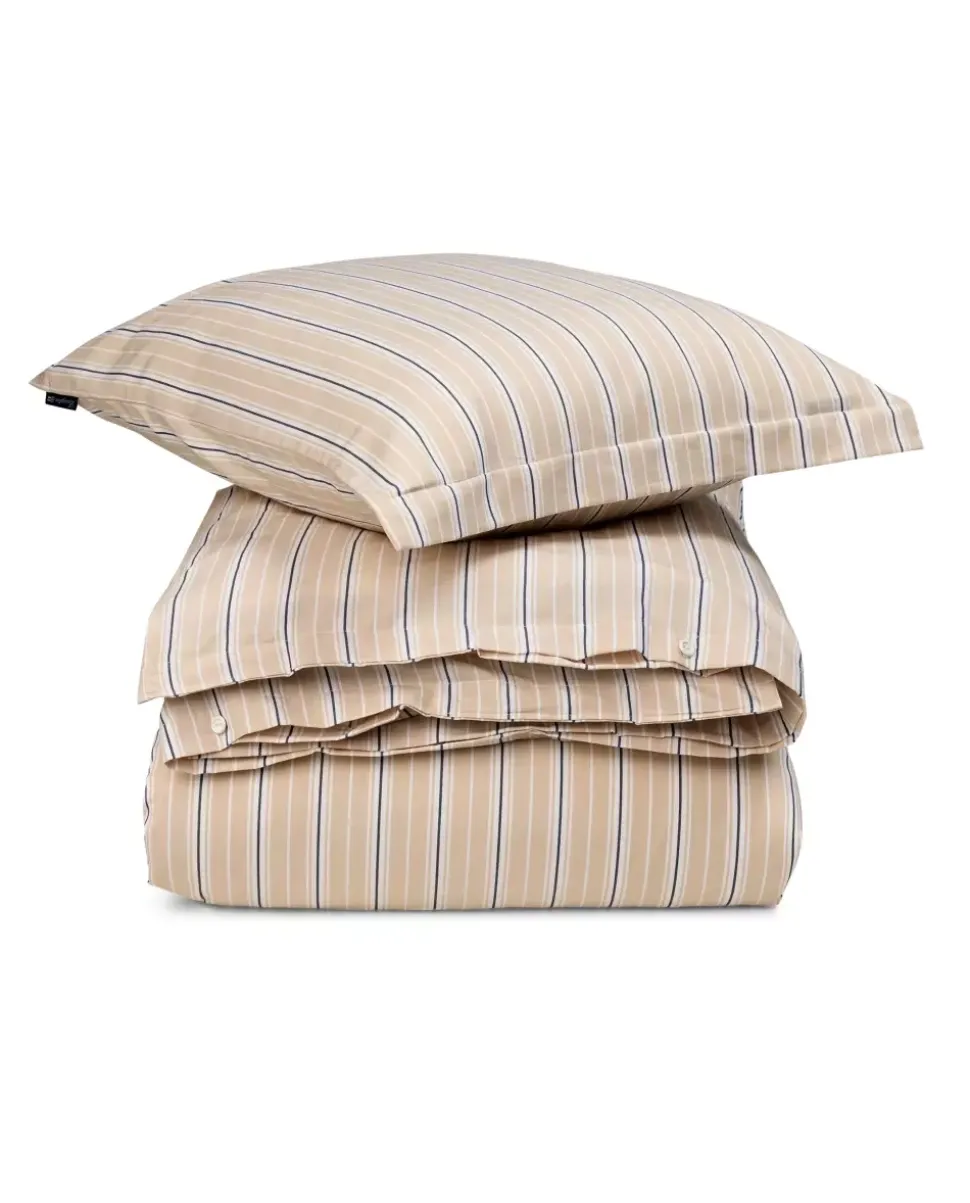 Lexington Beige/Hvit Striper Bomullspoplin Sengesett Dobbeldyne