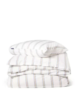 Lexington Dobby-Stripet Sengesett I Vasket Bomullspercale, Hvit/Blå/Beige Lang