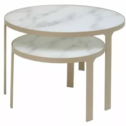 Nakameguro - Sofabordsett Glass Med Marmorprint, Beige Base D70 H42/D50 H32cm