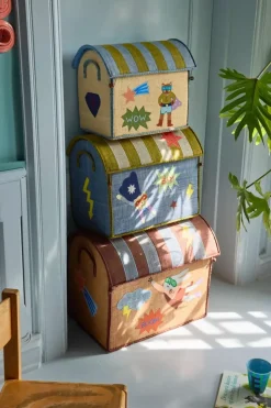 Raffia Lekeoppbevaringskurver Med Helte Tema – Blå – Sett Med 3