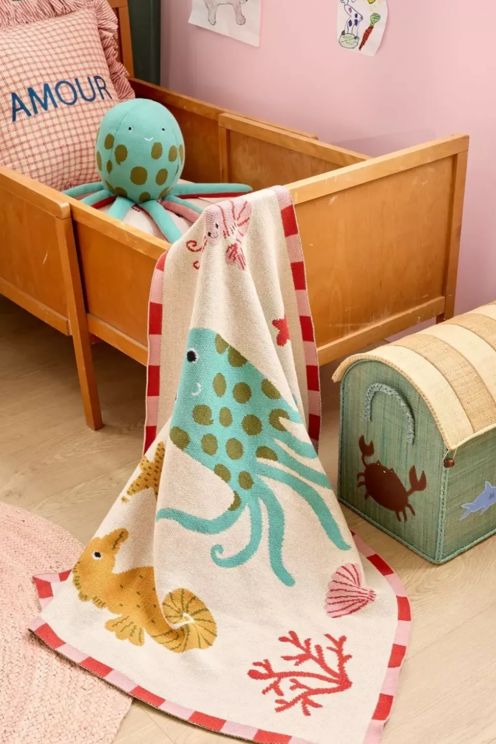 Strikket Babyteppe Coral Ocean