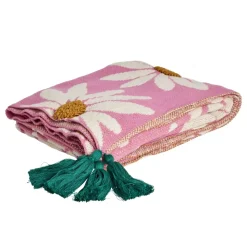 Strikket Pledd Rosa Med Blomster