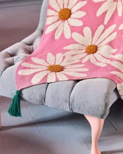 Strikket Pledd Rosa Med Blomster